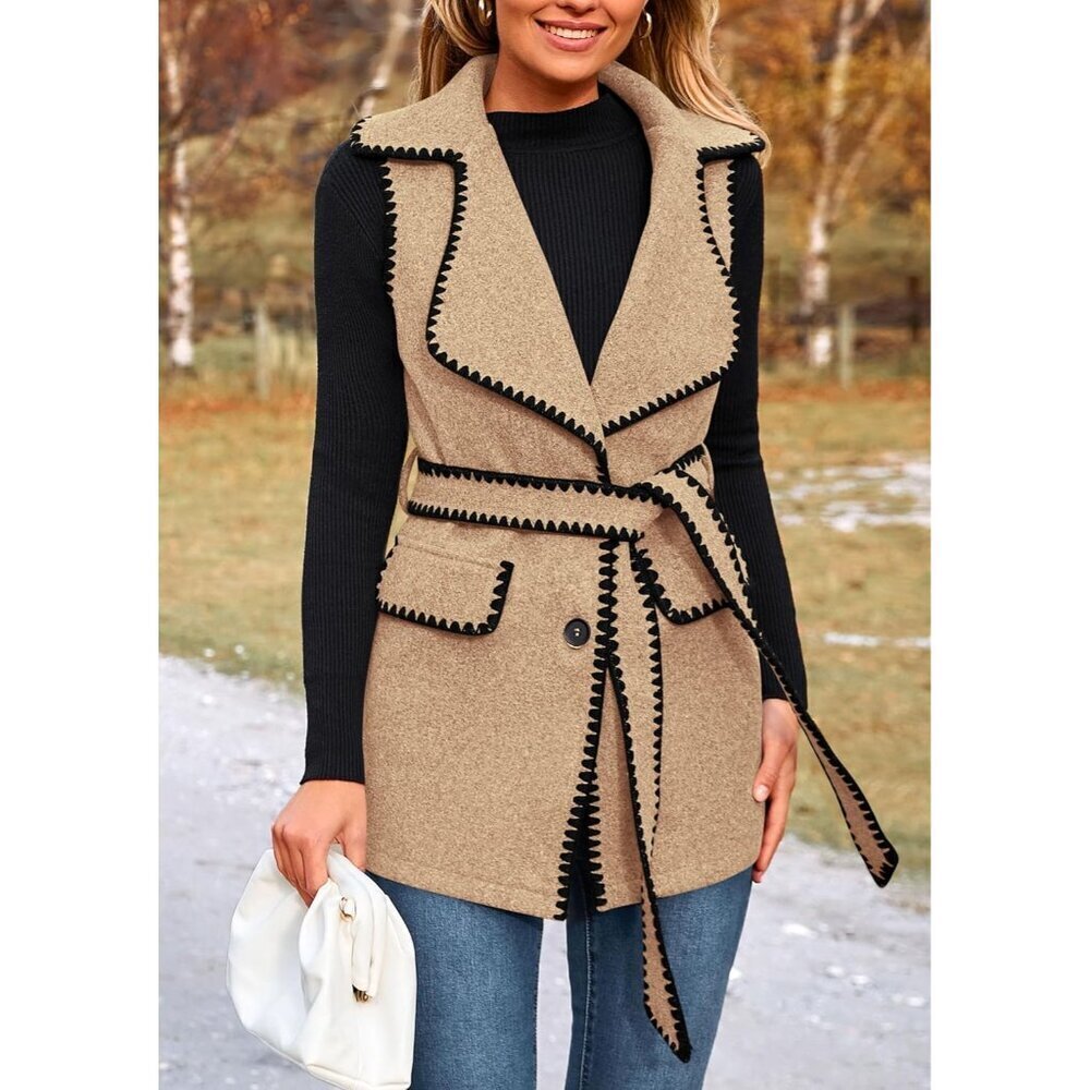 Women's Tweed Vest Outerwear Large Sleeveless Button Belt Fall Winter - Picture 7 of 9